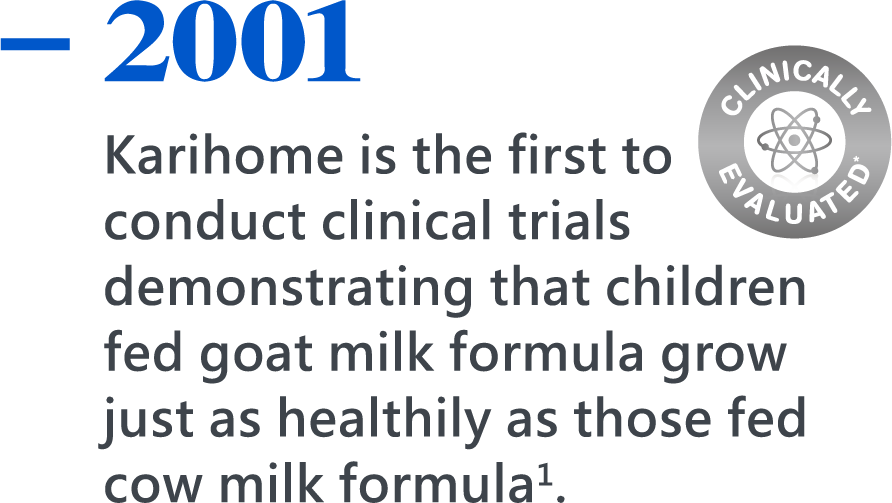 2001，Karihome is the first to conduct clinical trials demonstrating that children fed goat milk formula grow just as healthily as those fed cow milk formula1.